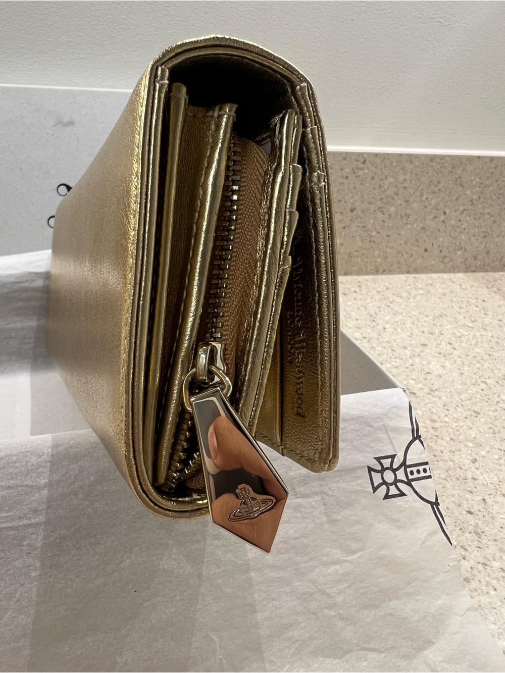 Vivienne Westwood Metallic Gold Leather Flap Wallet with Orb Emblem - Picture 6 of 10